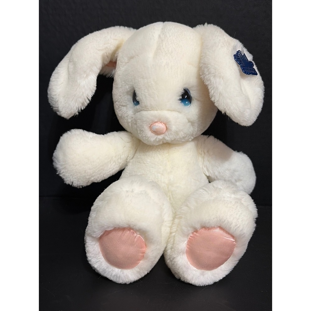 VTG Applause White Bunny Rabbit 13" Plush Blue Eyes Pink Satin Floppy Ears 
Tag